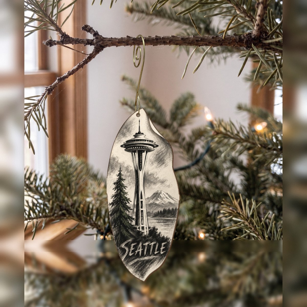 WA Seattle Charcoal Gesture Custom Wood Ornament (OC24)