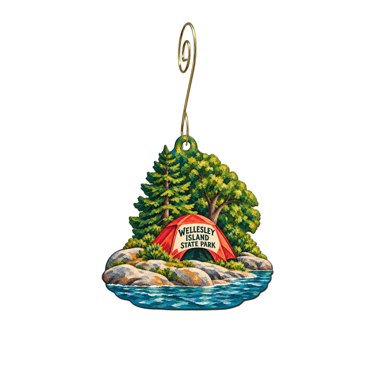 Wellesley Island State Park — Store identity custom wood ornament OC2500, photographic gold spiral hook