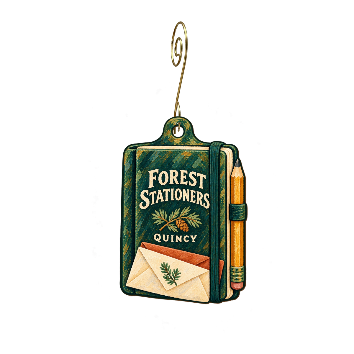 Forest Stationers — Store identity custom wood ornament OC2503, photographic gold spiral hook