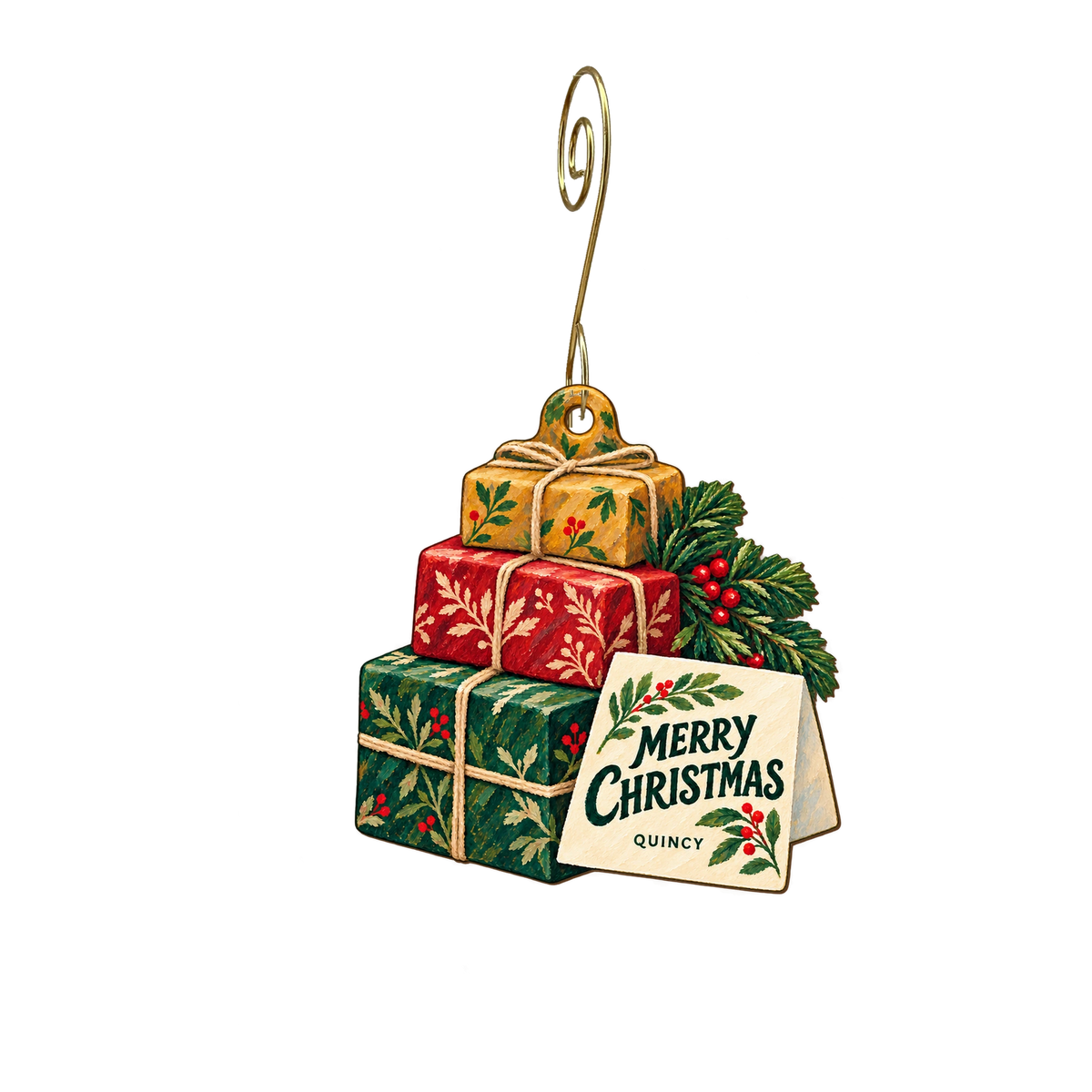 Forest Stationers — Christmas custom wood ornament OC2504, photographic gold spiral hook