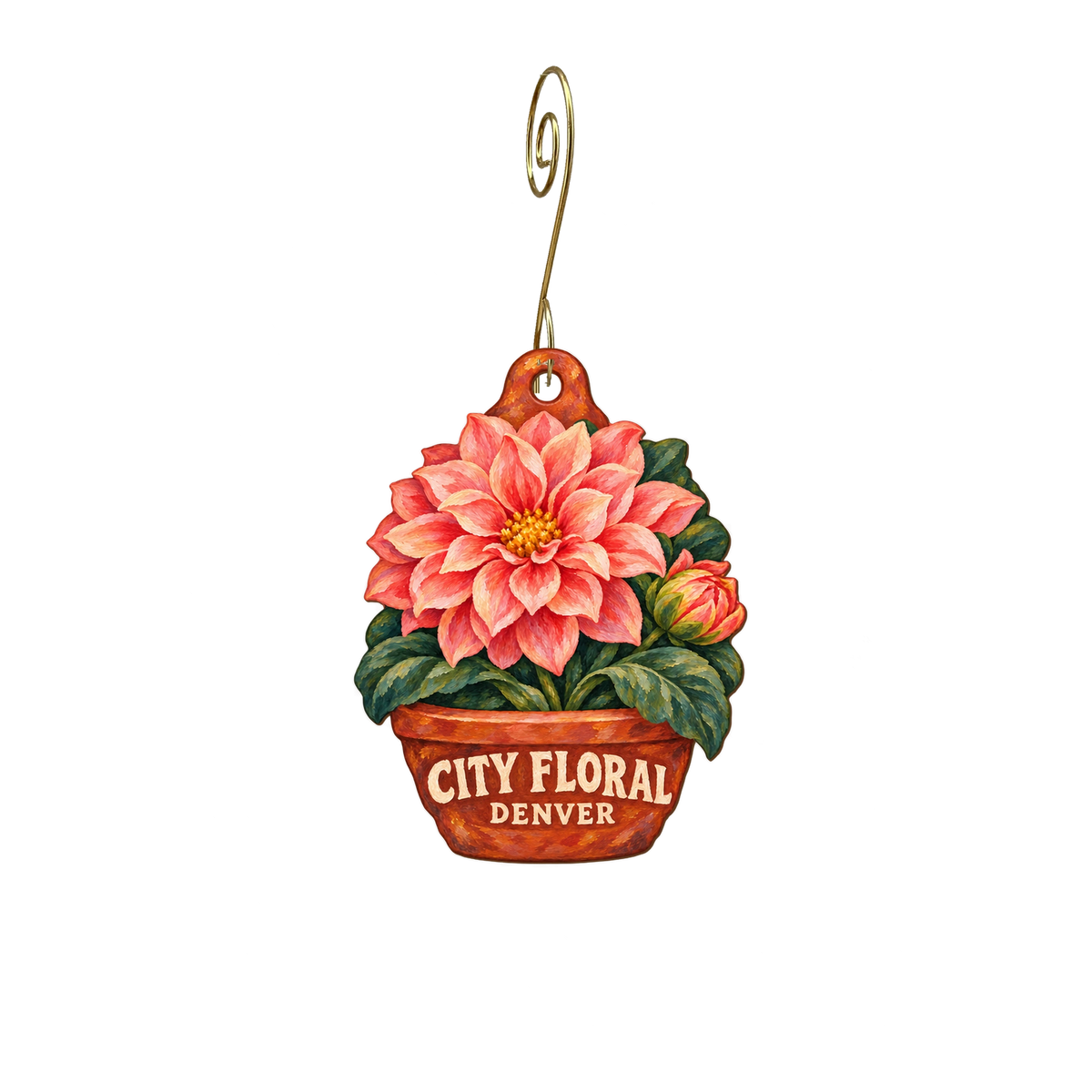 City Floral — Store identity custom wood ornament OC2506, photographic gold spiral hook
