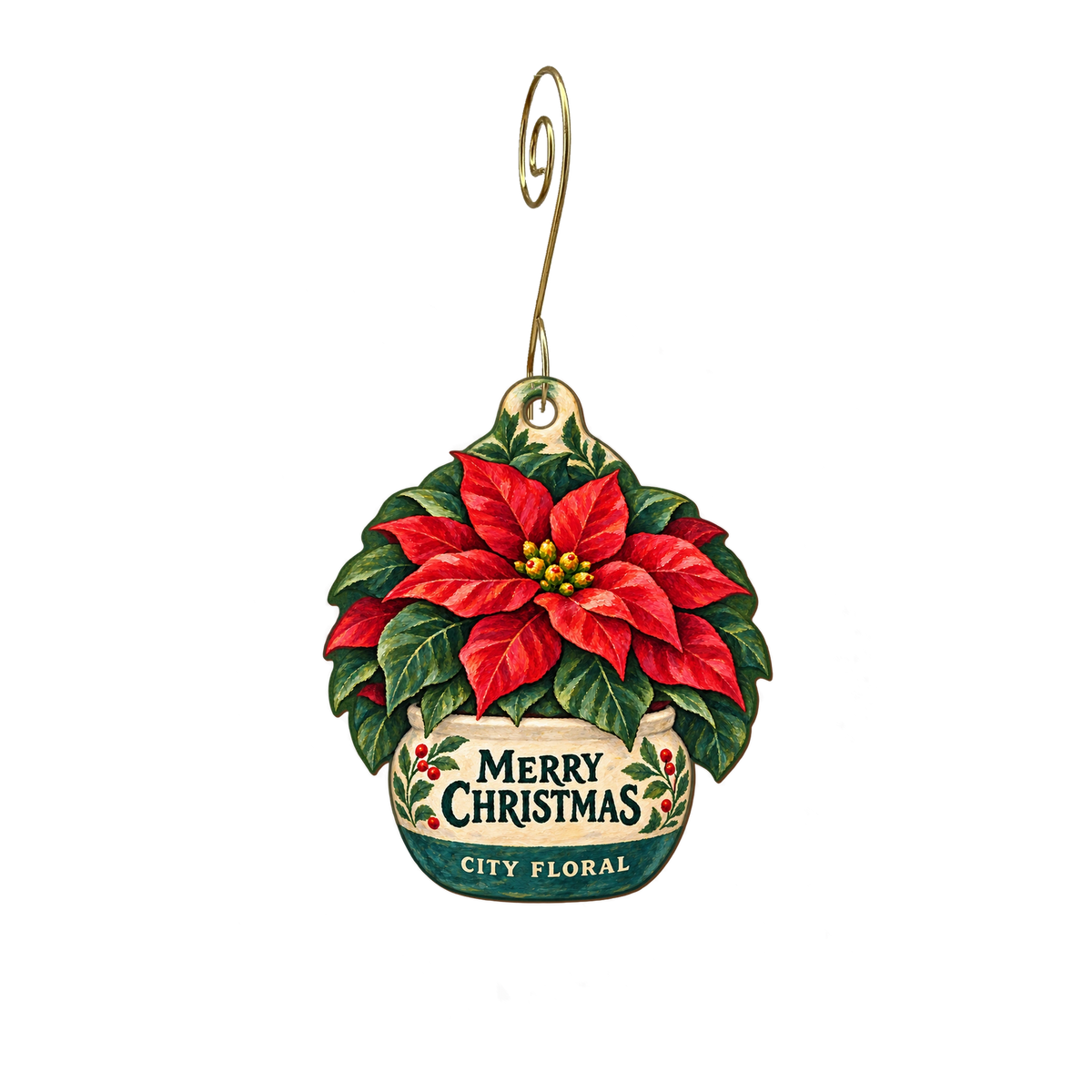 City Floral — Christmas custom wood ornament OC2507, photographic gold spiral hook