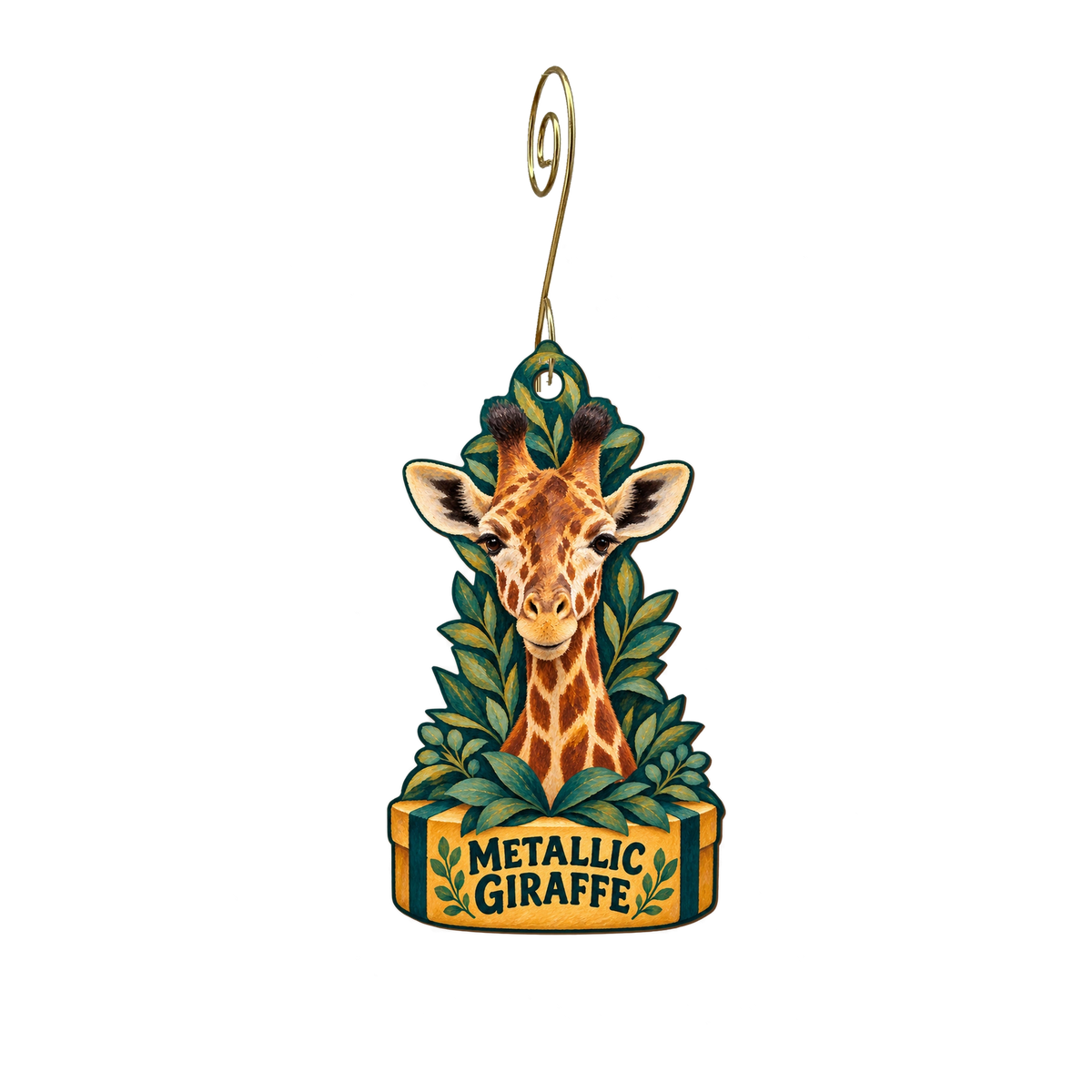 Metallic Giraffe — Store identity custom wood ornament OC2509, photographic gold spiral hook