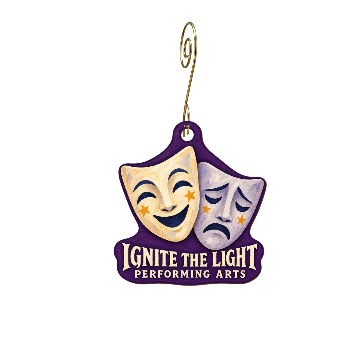 Ignite the Light Performing Arts — Store identity custom wood ornament OC2512, photographic gold spiral hook