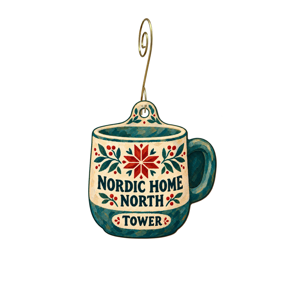 Nordic Home North — Store identity custom wood ornament OC2515, photographic gold spiral hook