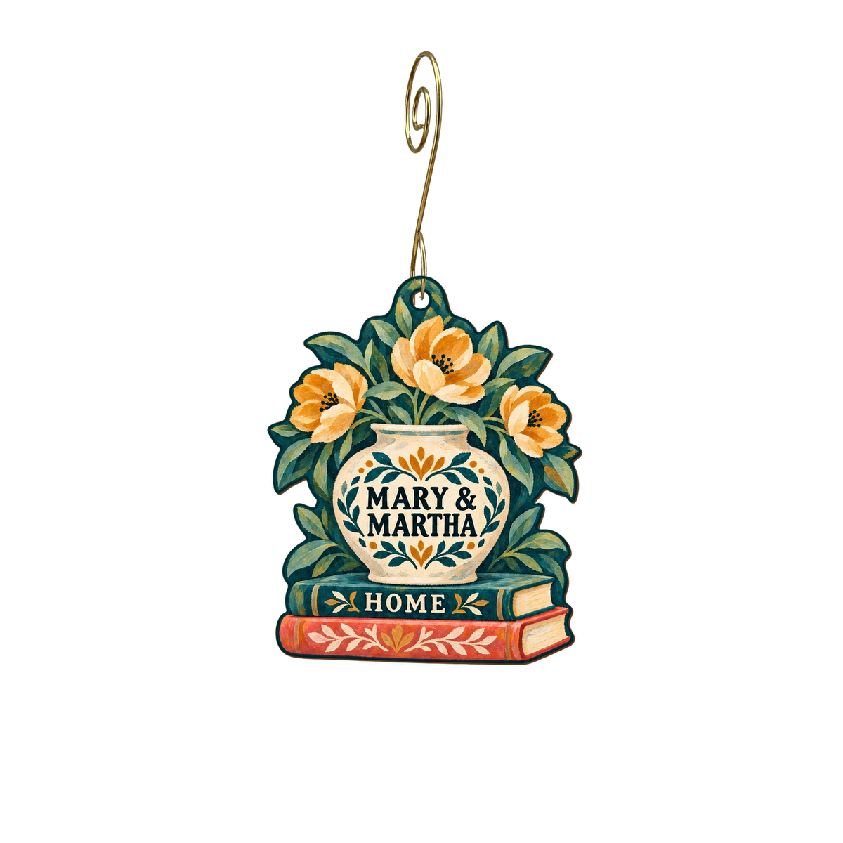 Mary & Martha Home — Store identity custom wood ornament OC2518, photographic gold spiral hook