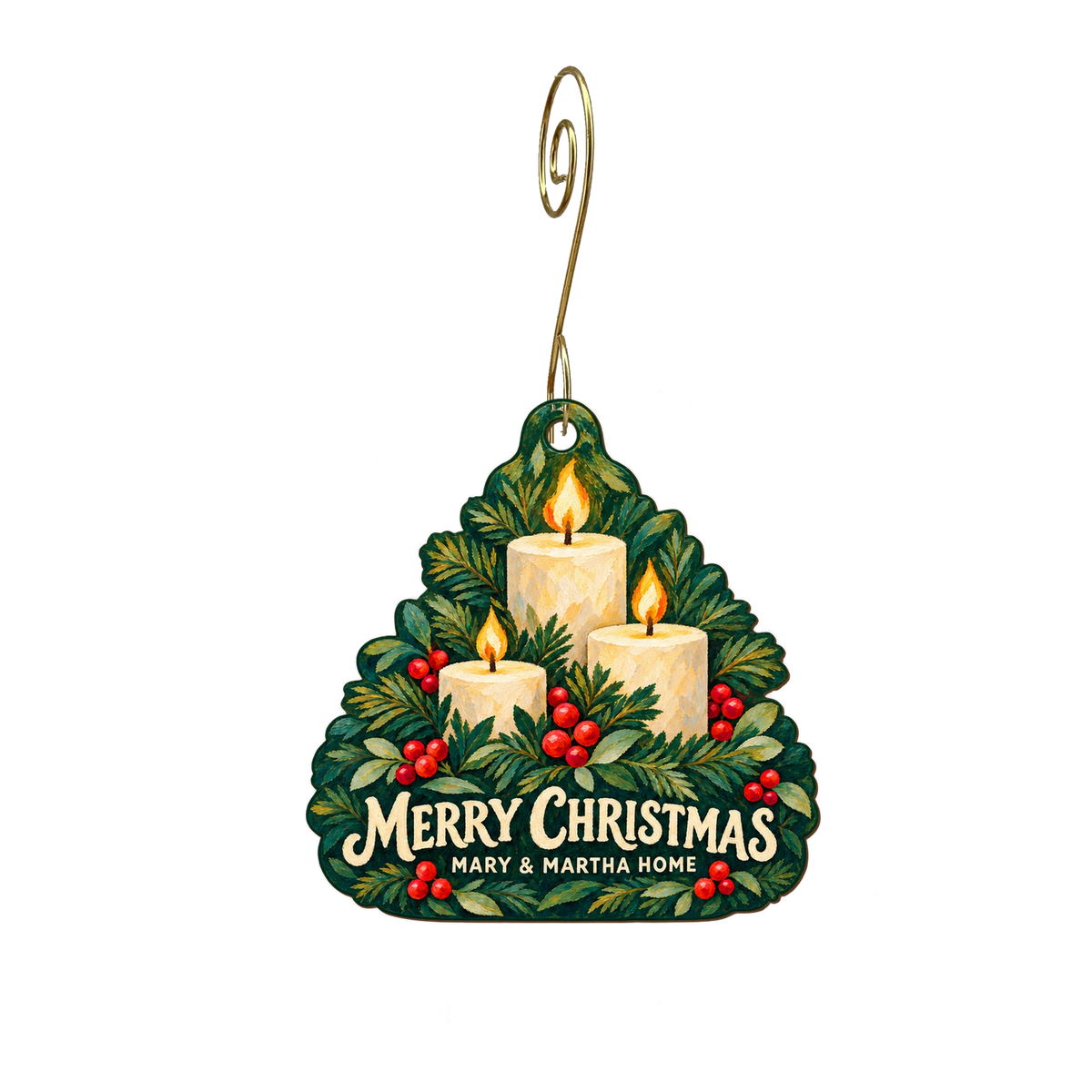 Mary & Martha Home — Christmas custom wood ornament OC2519, photographic gold spiral hook