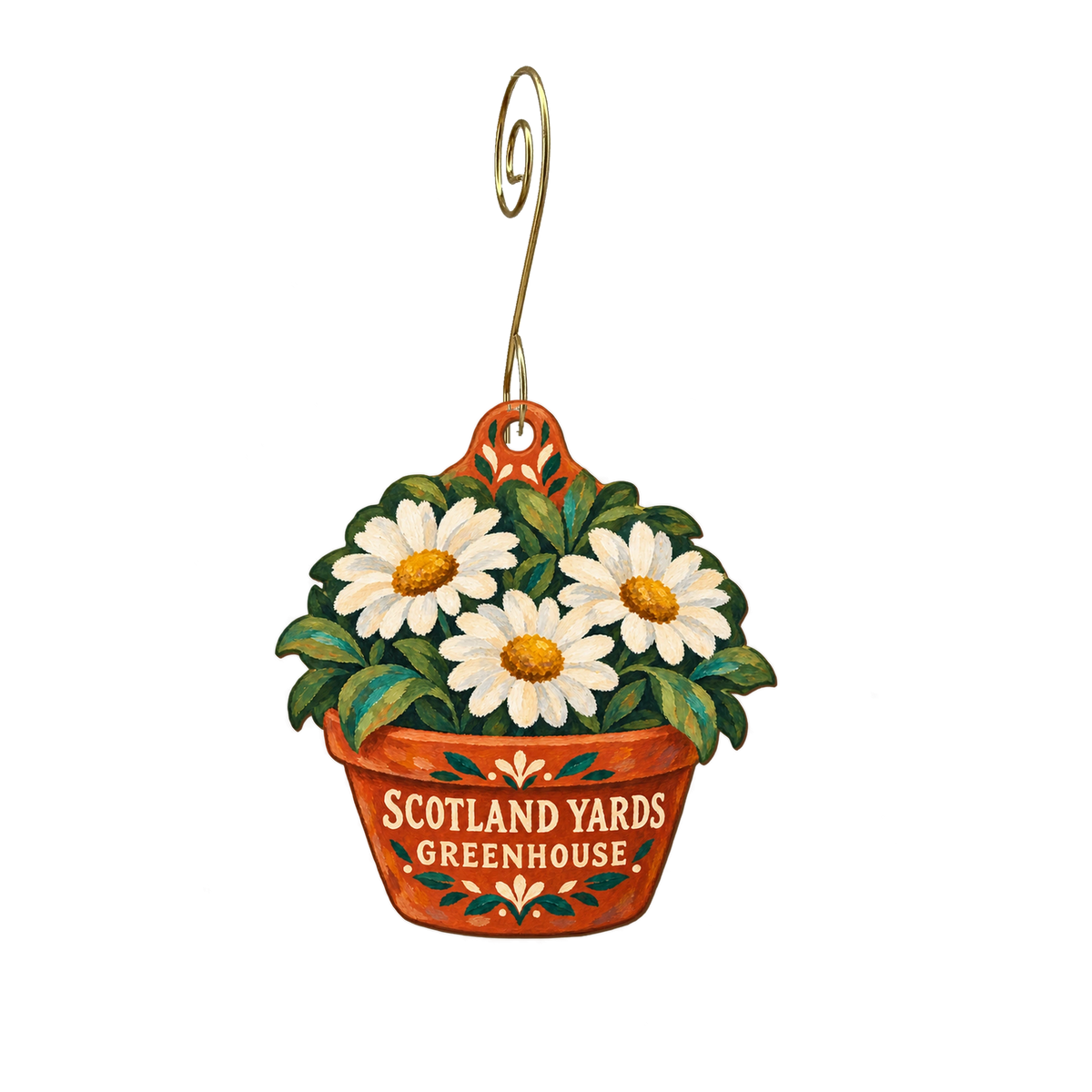 Scotland Yards Greenhouse — Store identity custom wood ornament OC2521, photographic gold spiral hook