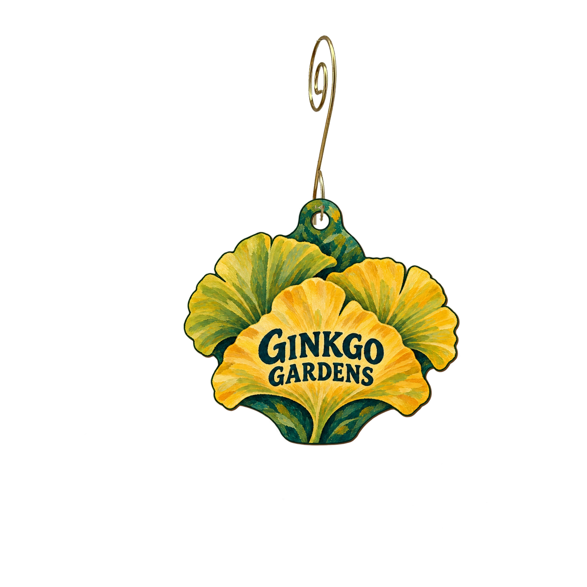 Ginkgo Gardens — Store identity custom wood ornament OC2524, photographic gold spiral hook