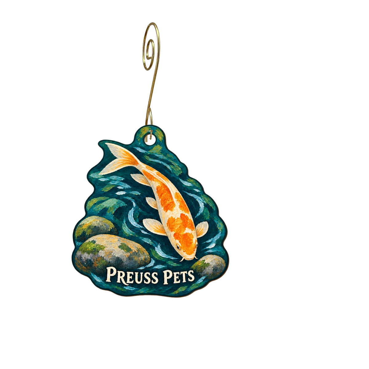 Preuss Pets — Store identity custom wood ornament OC2527, photographic gold spiral hook