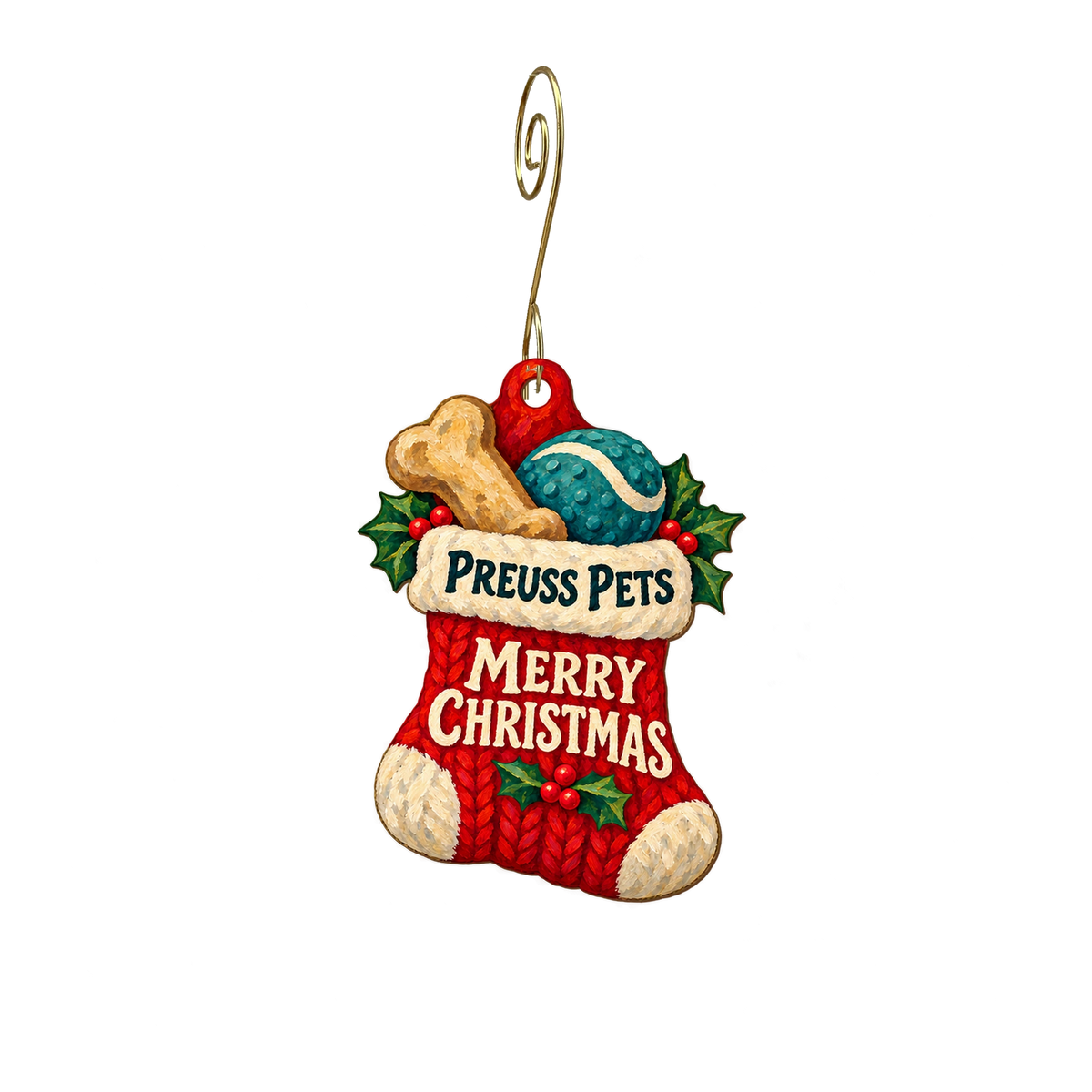 Preuss Pets — Christmas custom wood ornament OC2528, photographic gold spiral hook