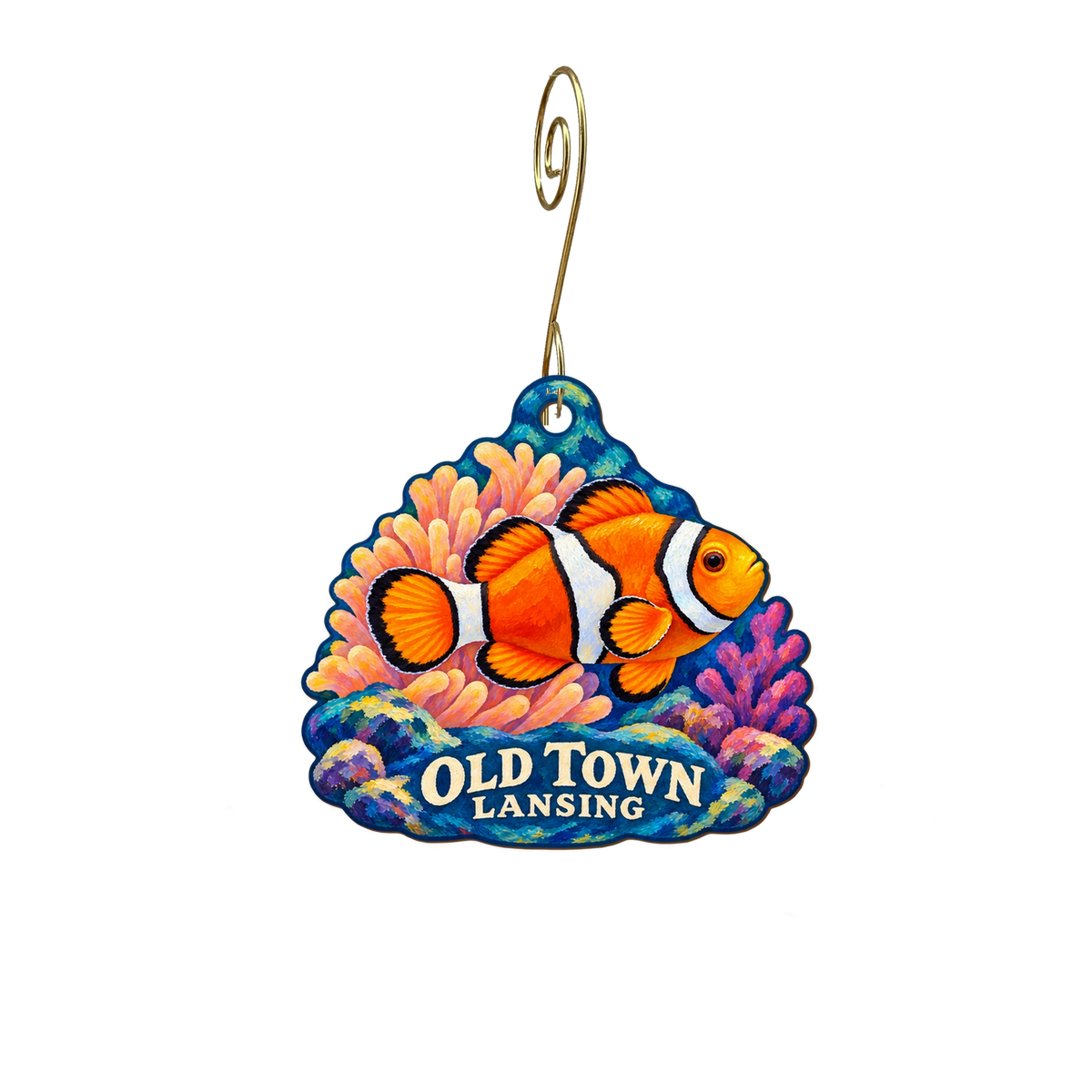 Preuss Pets — Local inspiration custom wood ornament OC2529, photographic gold spiral hook