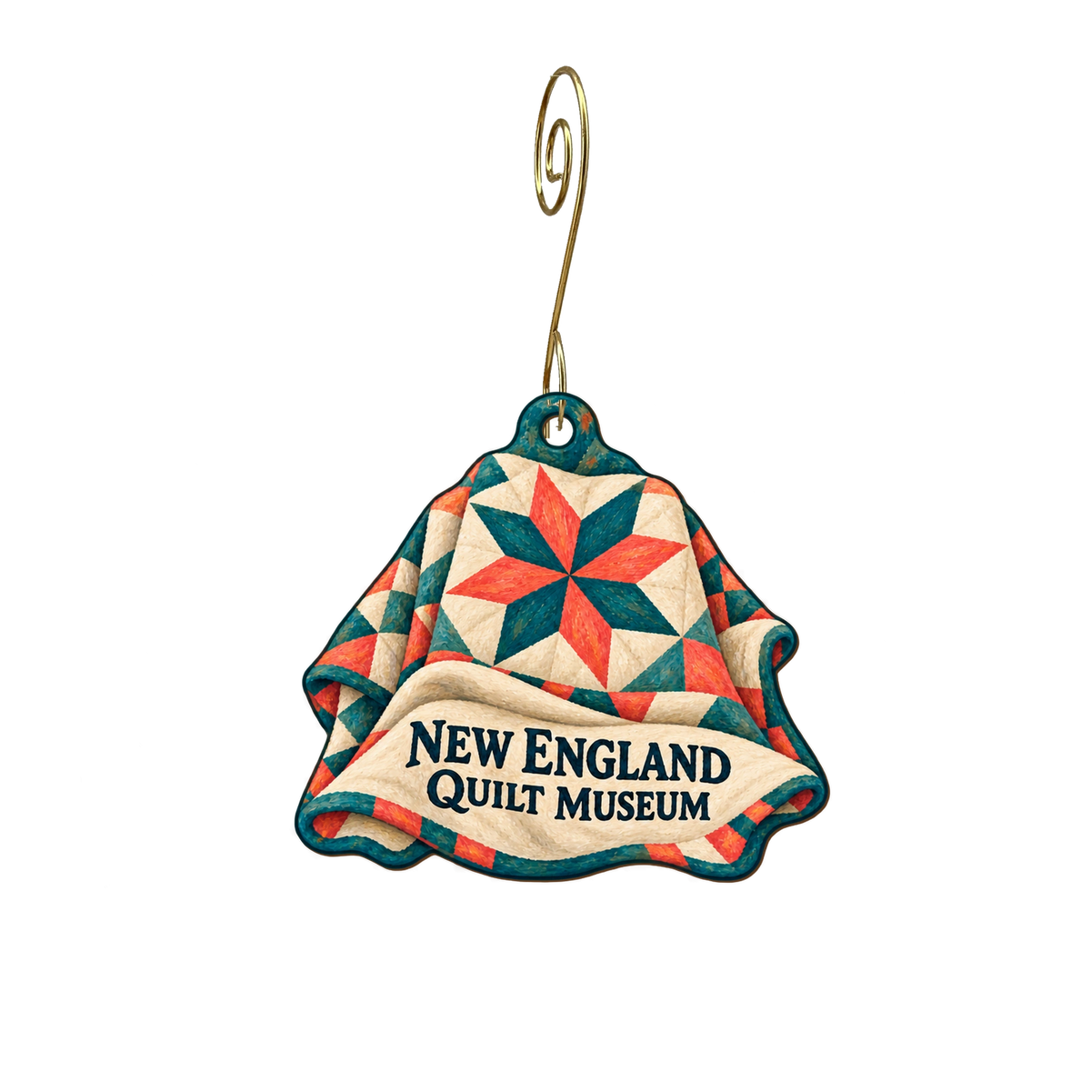 The New England Quilt Museum — Store identity custom wood ornament OC2530, photographic gold spiral hook