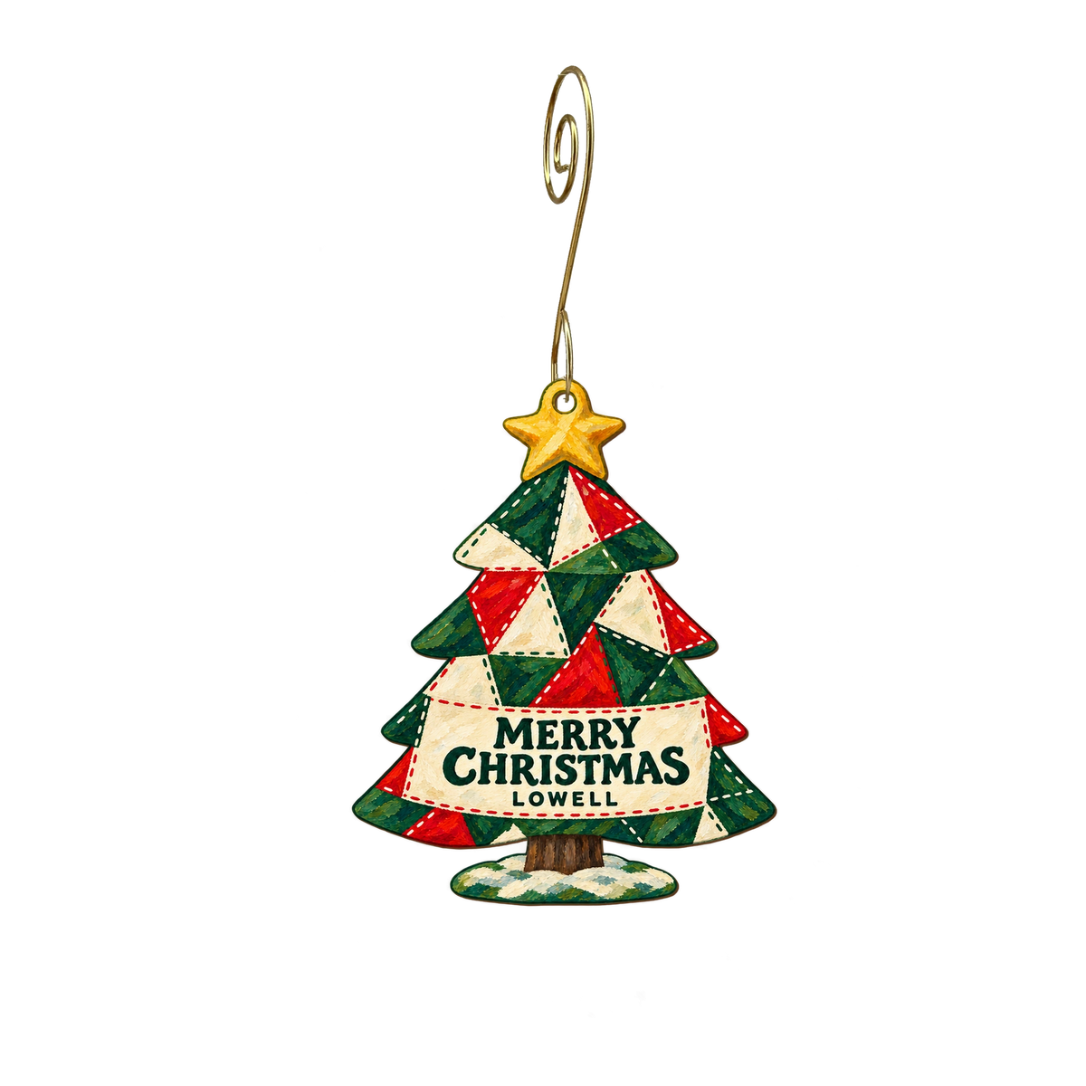 The New England Quilt Museum — Christmas custom wood ornament OC2531, photographic gold spiral hook