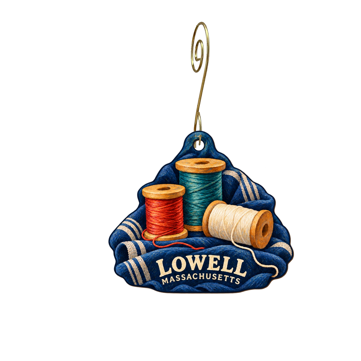 The New England Quilt Museum — Local inspiration custom wood ornament OC2532, photographic gold spiral hook