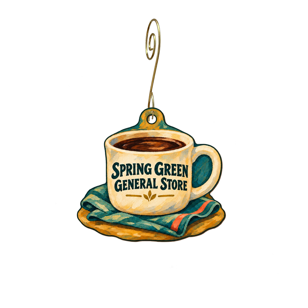 Spring Green General Store — Store identity custom wood ornament OC2533, photographic gold spiral hook