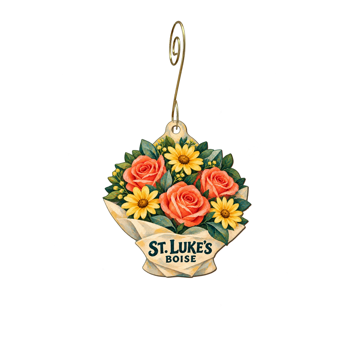 St. Luke's — Store identity custom wood ornament OC2539, photographic gold spiral hook