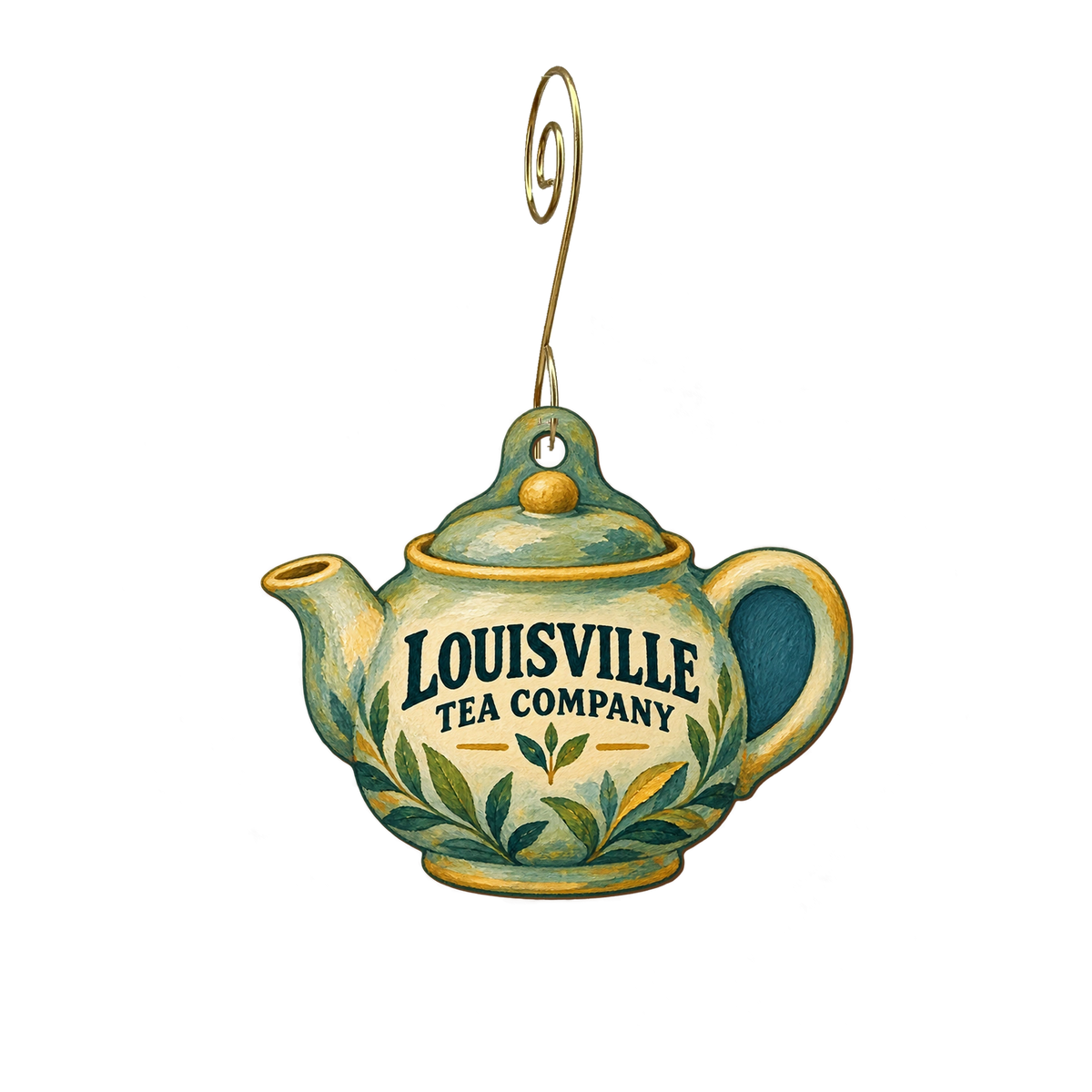 Louisville Tea Company — Store identity custom wood ornament OC2542, photographic gold spiral hook