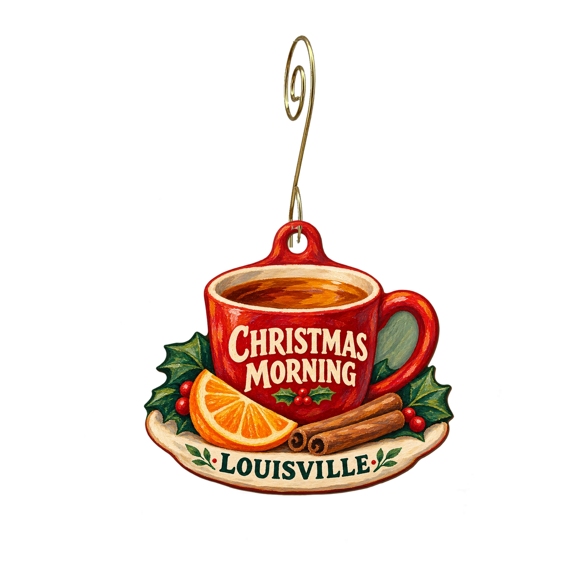 Louisville Tea Company — Christmas custom wood ornament OC2543, photographic gold spiral hook