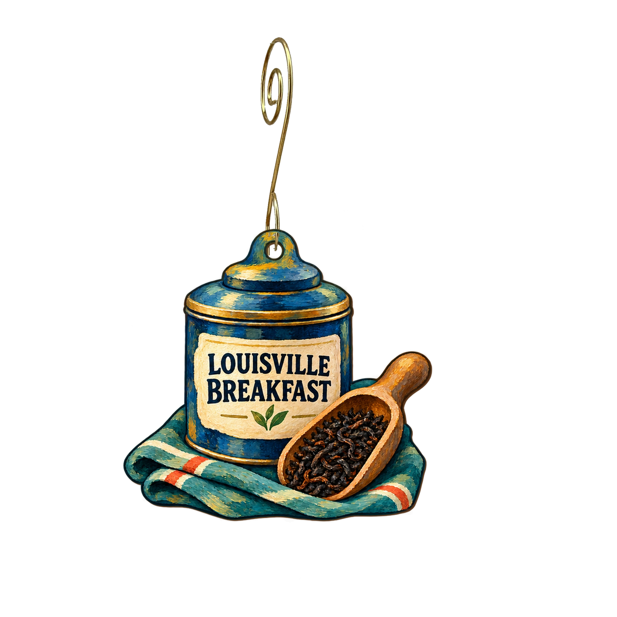Louisville Tea Company — Local inspiration custom wood ornament OC2544, photographic gold spiral hook