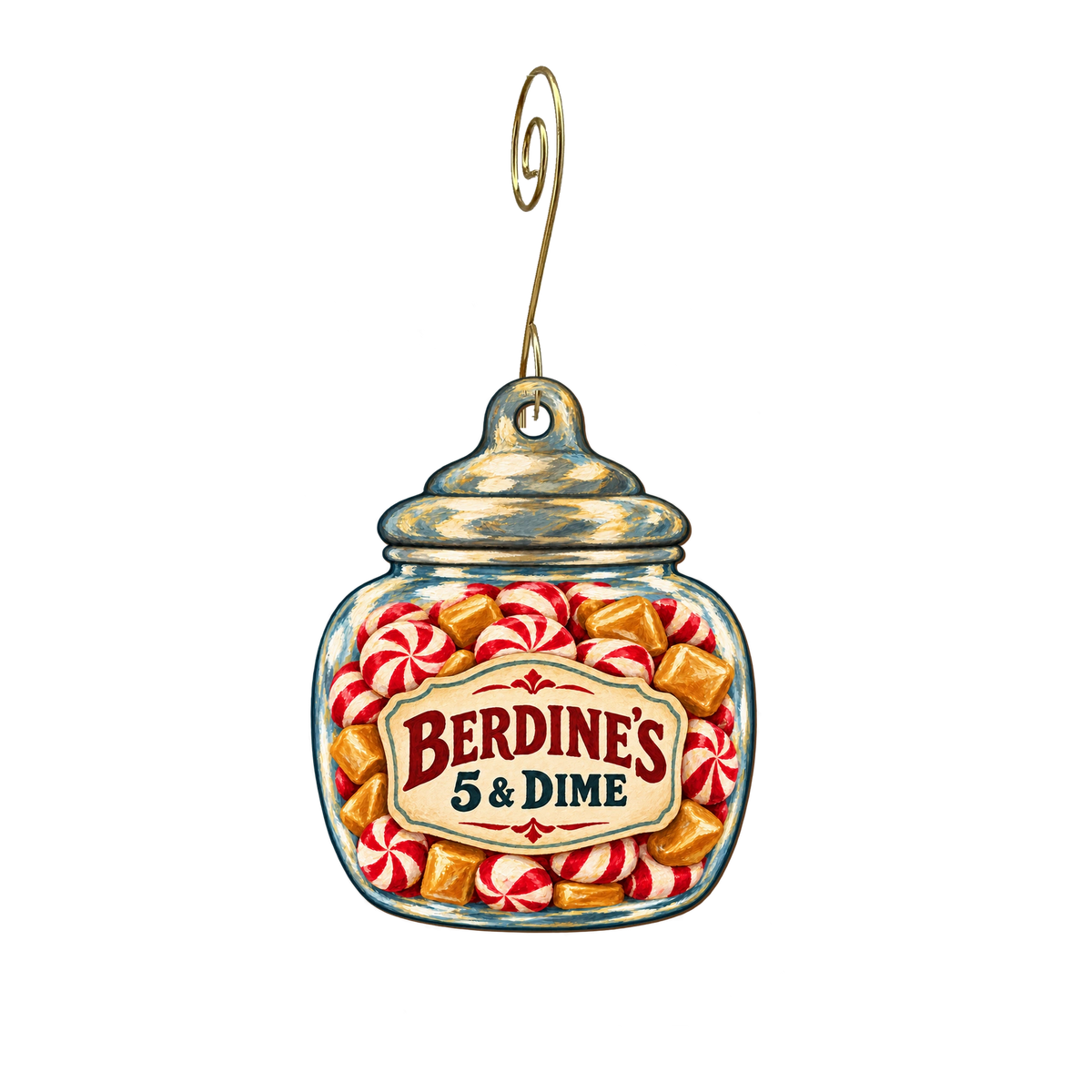 Berdine's 5 & Dime — Store identity custom wood ornament OC2545, photographic gold spiral hook