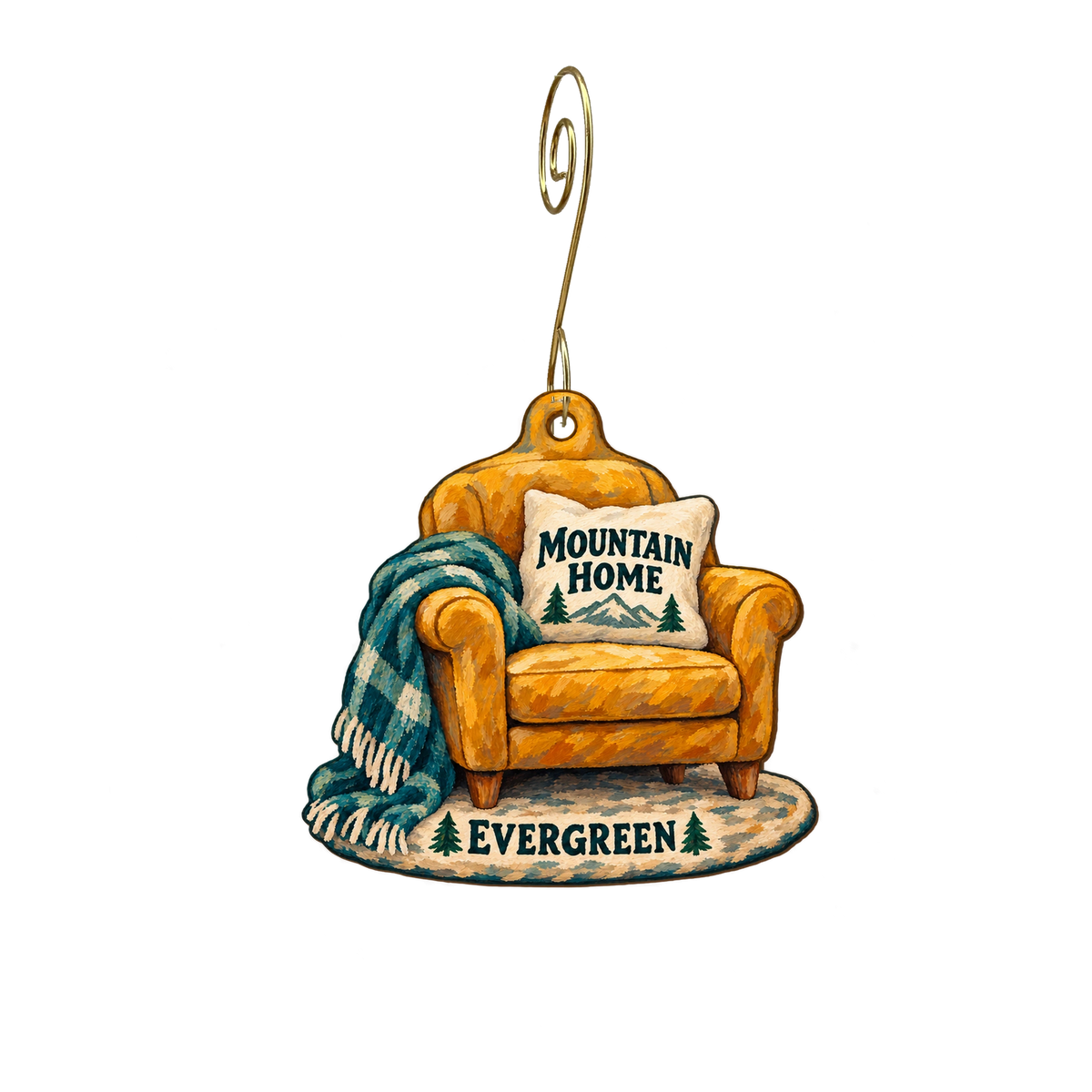 Wood Mountain Home — Store identity custom wood ornament OC2548, photographic gold spiral hook
