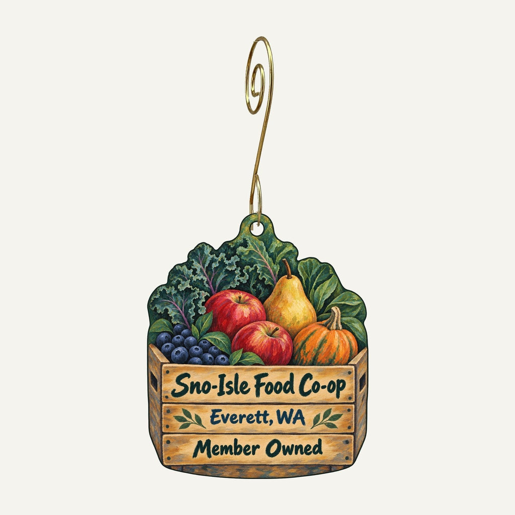 Sno-Isle Food Co-op Logo custom wood ornament OC254 hanging on hook