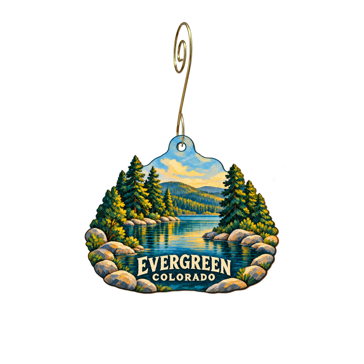 Wood Mountain Home — Local inspiration custom wood ornament OC2550, photographic gold spiral hook