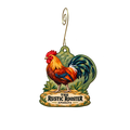 The Rustic Rooster — Store identity custom wood ornament OC2551, photographic gold spiral hook