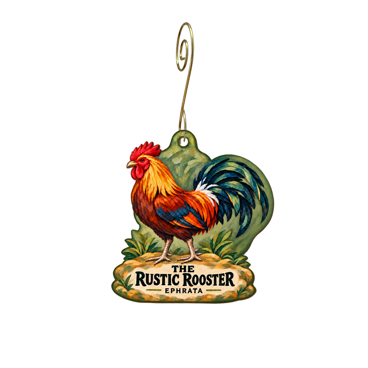 The Rustic Rooster — Store identity custom wood ornament OC2551, photographic gold spiral hook