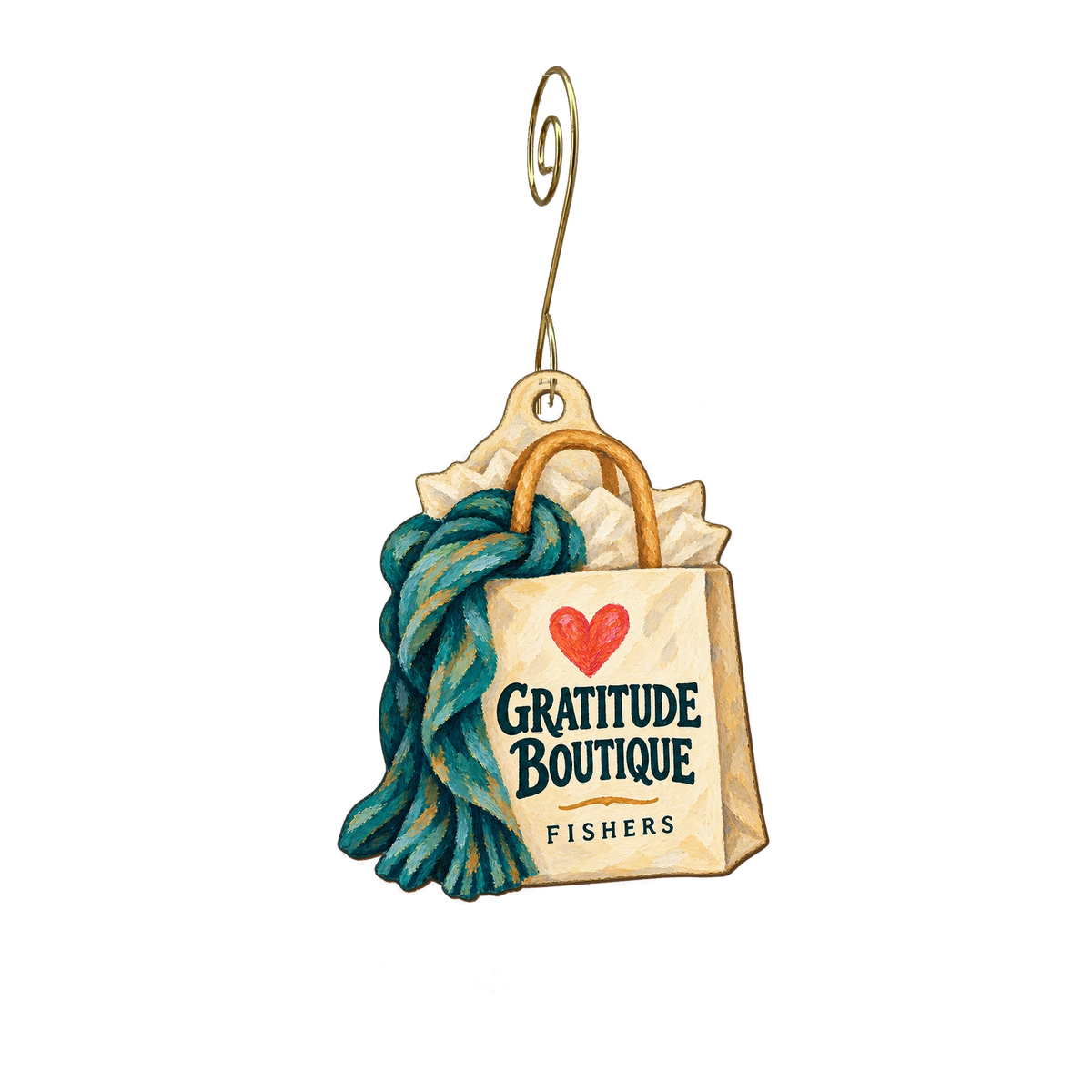 Gratitude Boutique — Store identity custom wood ornament OC2554, photographic gold spiral hook
