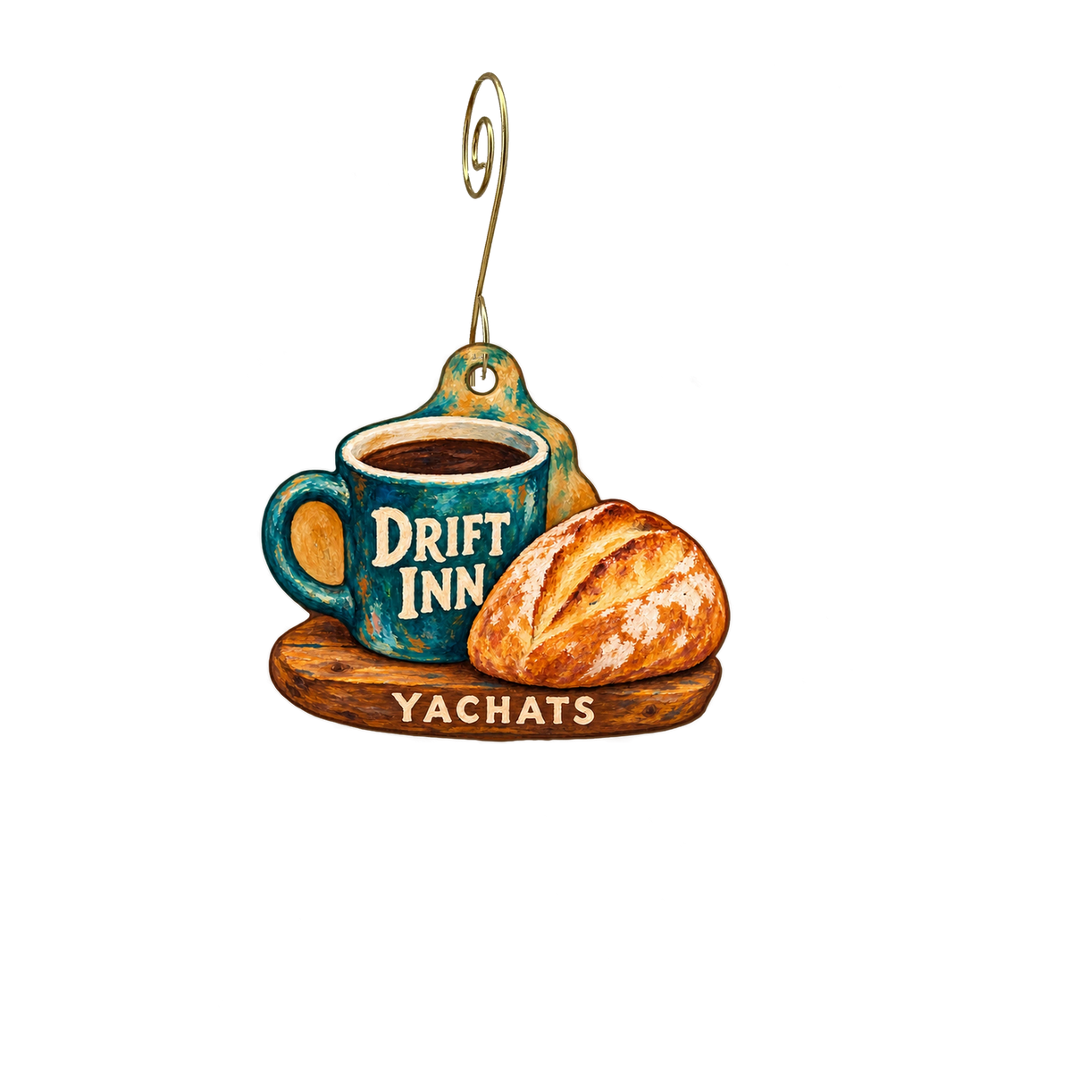 Drift Inn — Store identity custom wood ornament OC2557, photographic gold spiral hook