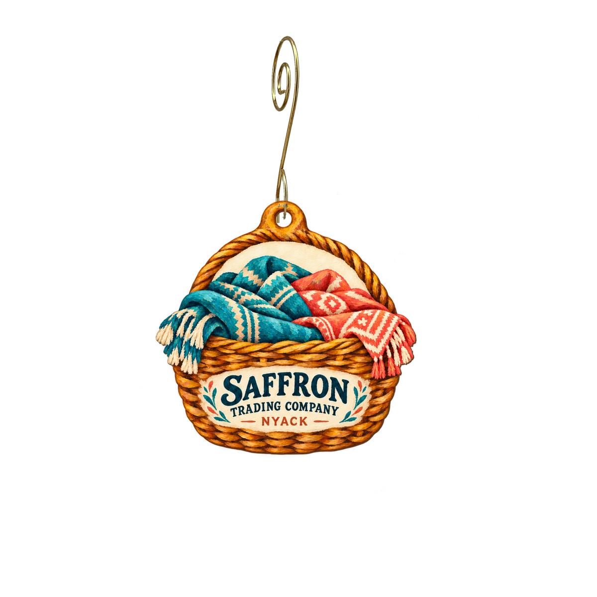 Saffron Trading Company — Store identity custom wood ornament OC2560, photographic gold spiral hook