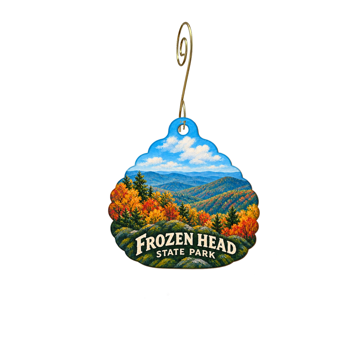 Frozen Head State Park — Store identity custom wood ornament OC2563, photographic gold spiral hook