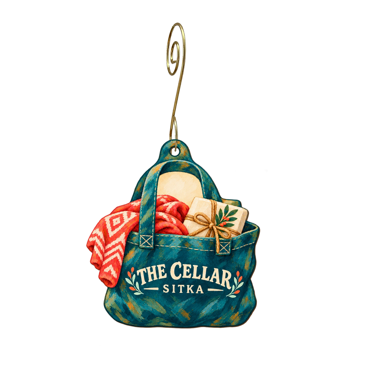 The Cellar — Store identity custom wood ornament OC2566, photographic gold spiral hook