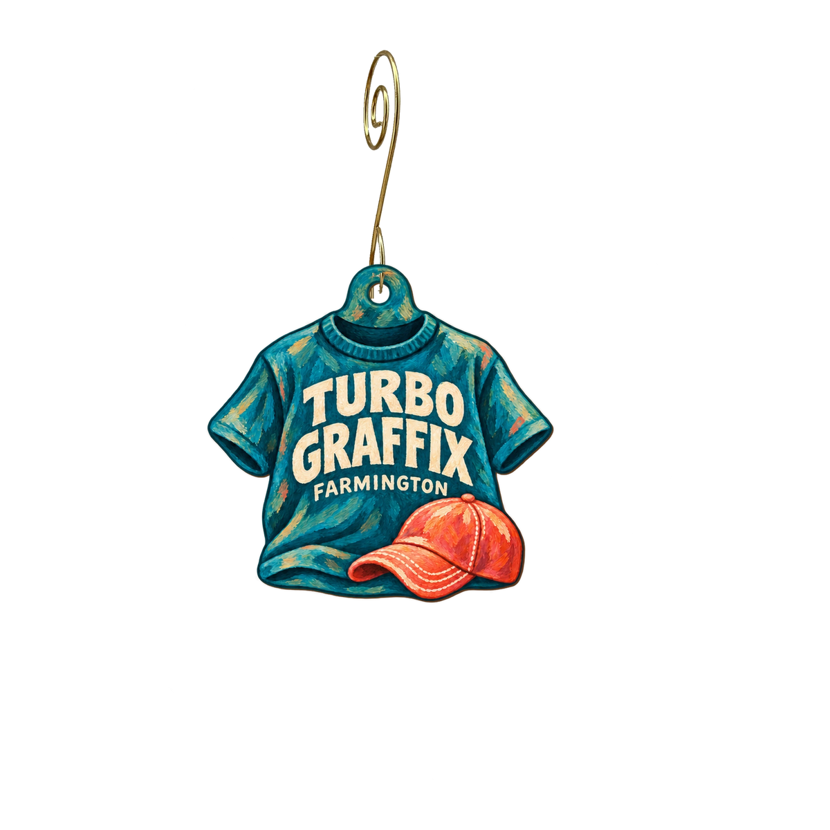 Turbo Extreme Lifestyle Company — Store identity custom wood ornament OC2569, photographic gold spiral hook