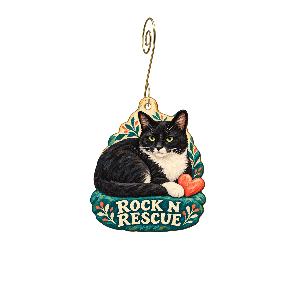 Rock N Rescue — Store identity custom wood ornament OC2572, photographic gold spiral hook