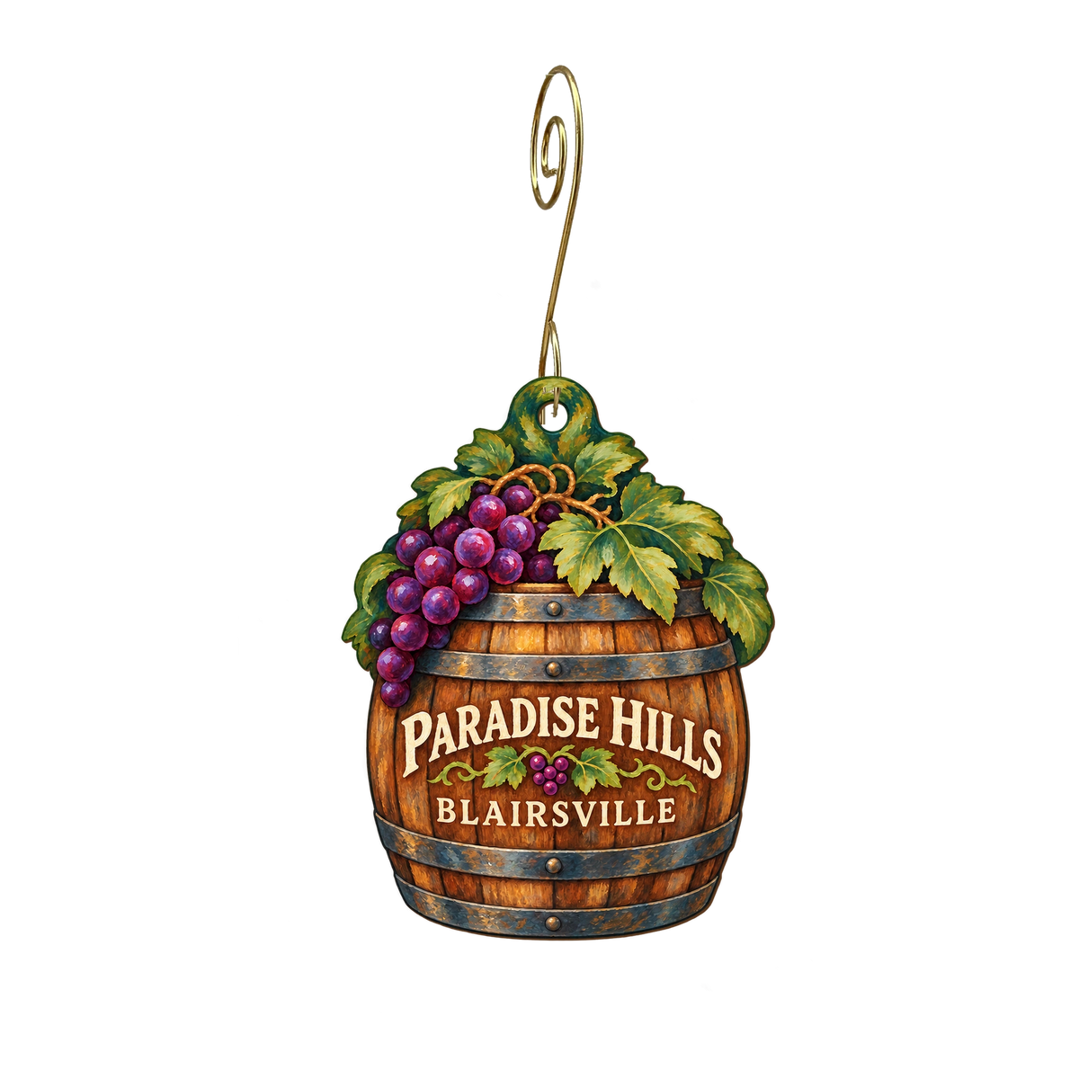 Paradise Hills, Winery Resort & Spa — Store identity custom wood ornament OC2575, photographic gold spiral hook