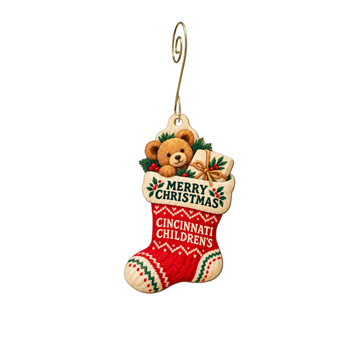 Cincinnati Children's Hospital Gift Shop — Christmas custom wood ornament OC2579, photographic gold spiral hook