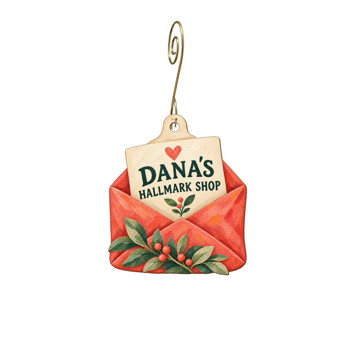 Dana's Hallmark Shop — Store identity custom wood ornament OC2581, photographic gold spiral hook