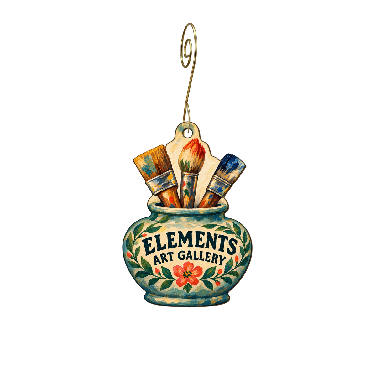 Elements Art Gallery — Store identity custom wood ornament OC2584, photographic gold spiral hook