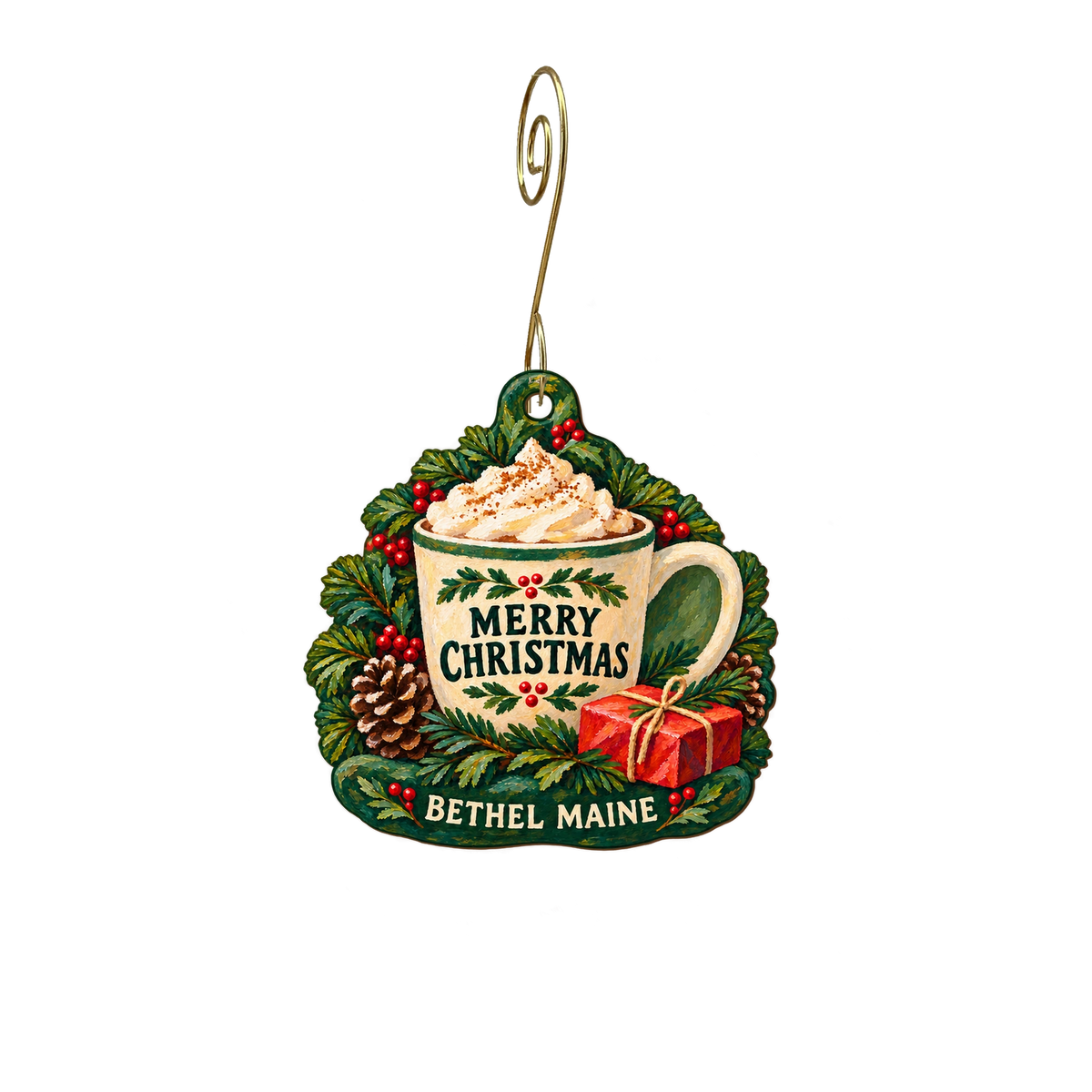Elements Art Gallery — Christmas custom wood ornament OC2585, photographic gold spiral hook