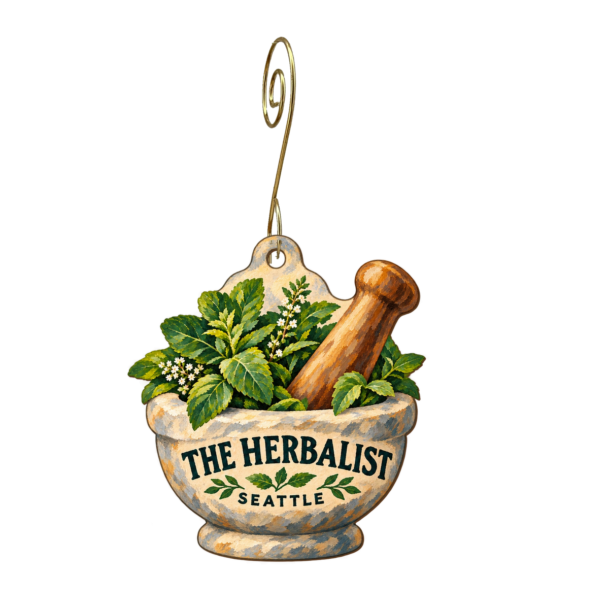 The Herbalist — Store identity custom wood ornament OC2590, photographic gold spiral hook