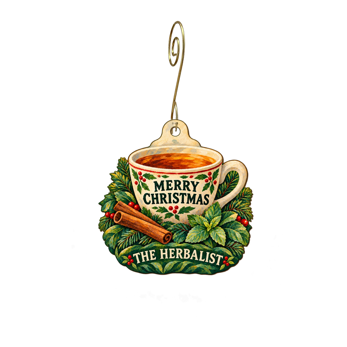 The Herbalist — Christmas custom wood ornament OC2591, photographic gold spiral hook