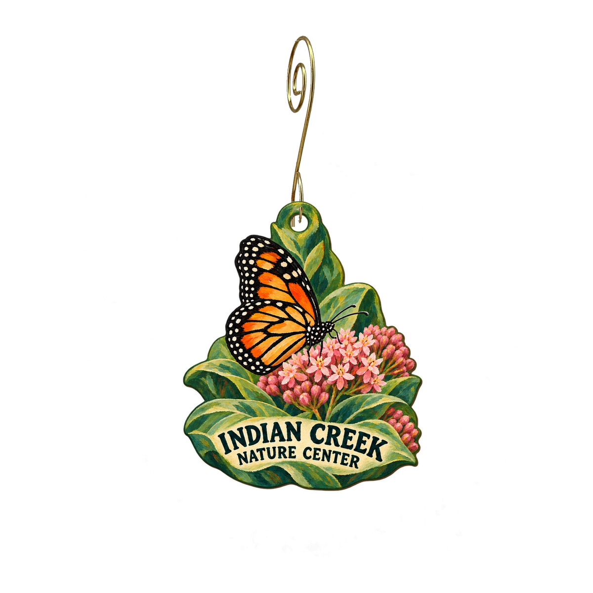 Indian Creek Nature Center — Store identity custom wood ornament OC2593, photographic gold spiral hook