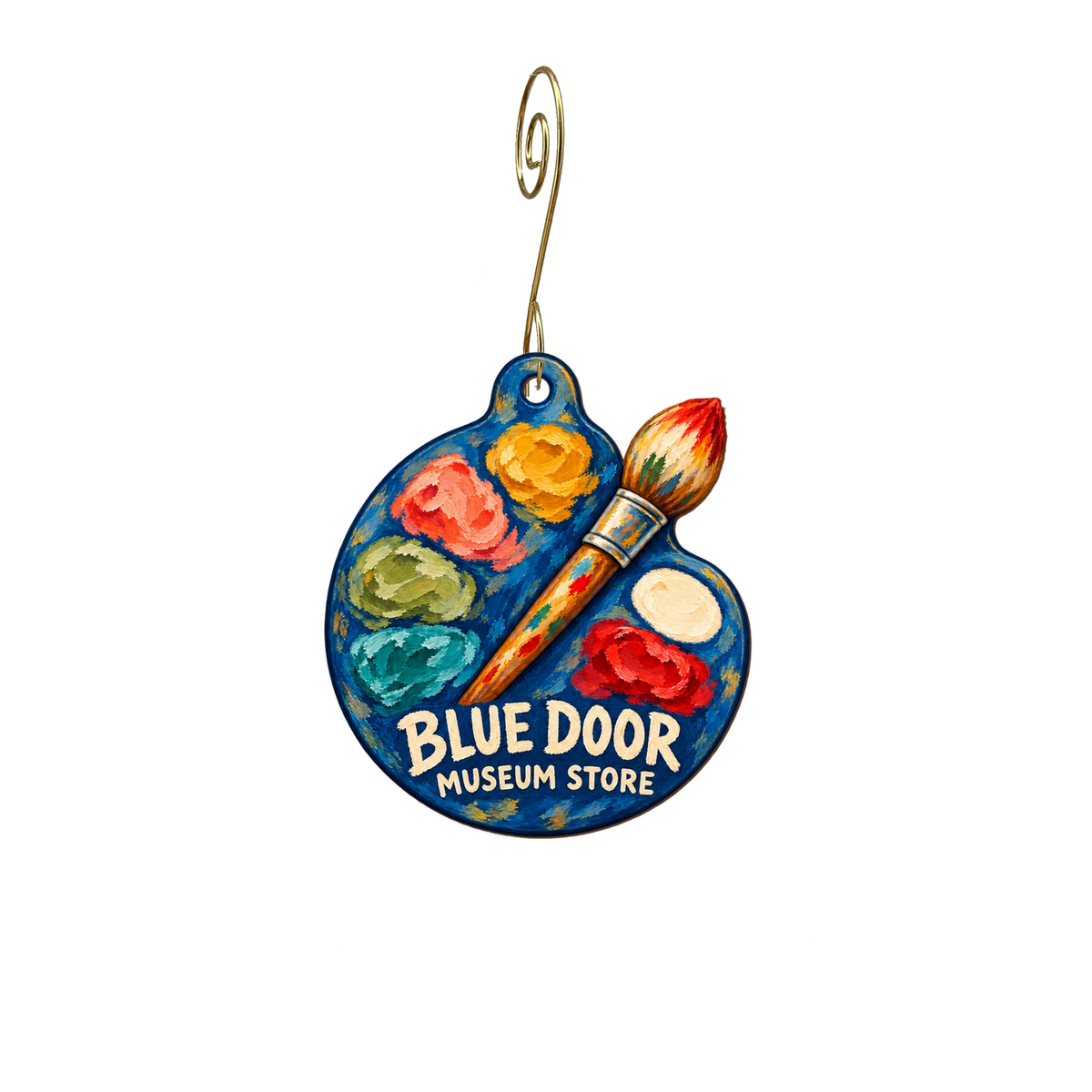 The Blue Door Museum Store / Riverside Art Museum — Store identity custom wood ornament OC2596, photographic gold spiral hook