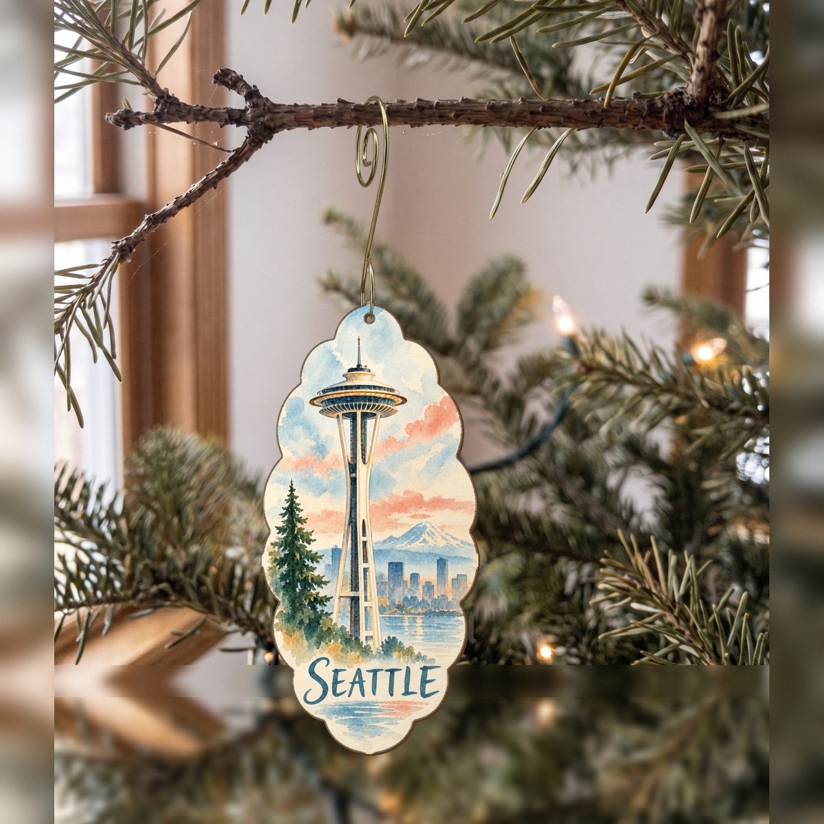 WA Seattle Restrained Watercolor Custom Wood Ornament (OC25)