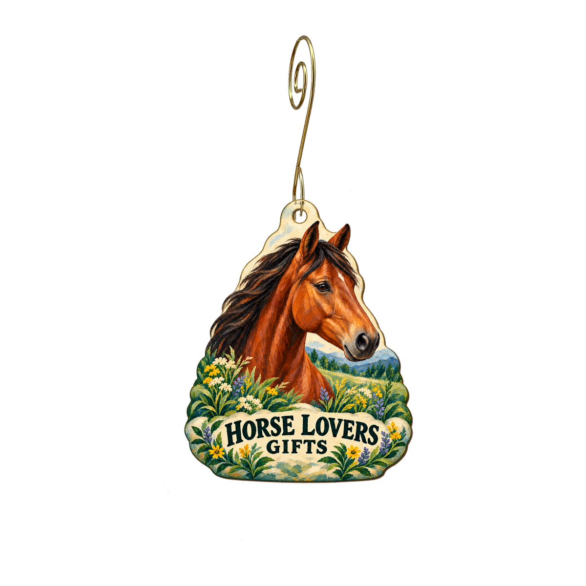 Equestrian Enterprise — Store identity custom wood ornament OC2602, photographic gold spiral hook