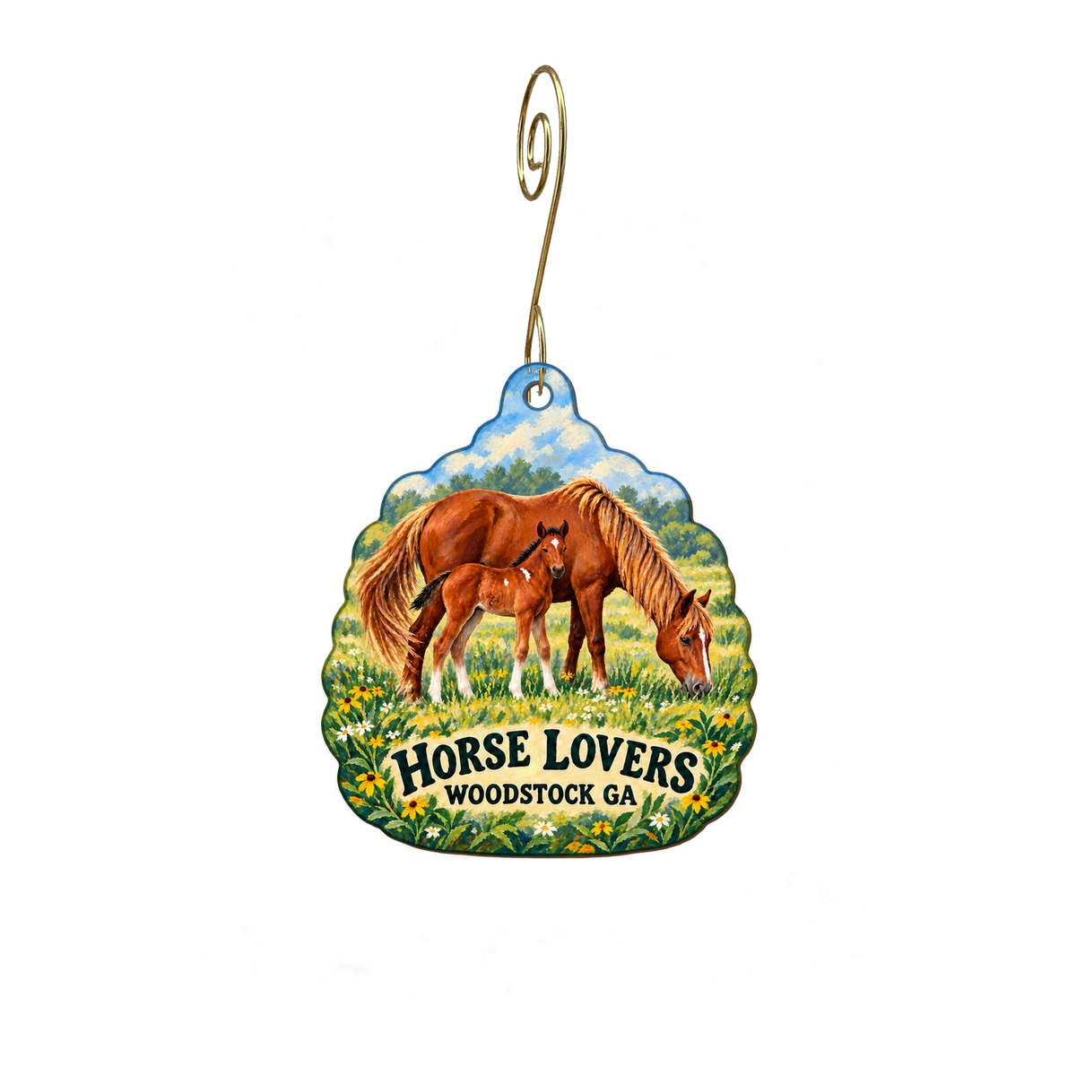 Equestrian Enterprise — Local inspiration custom wood ornament OC2604, photographic gold spiral hook