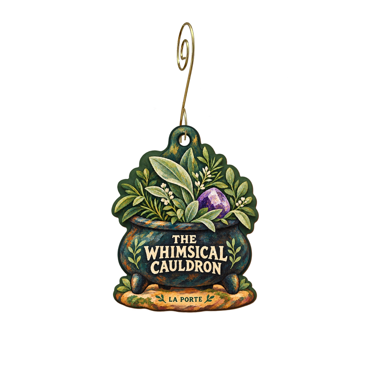 Thee whimsical couldron — Store identity custom wood ornament OC2605, photographic gold spiral hook